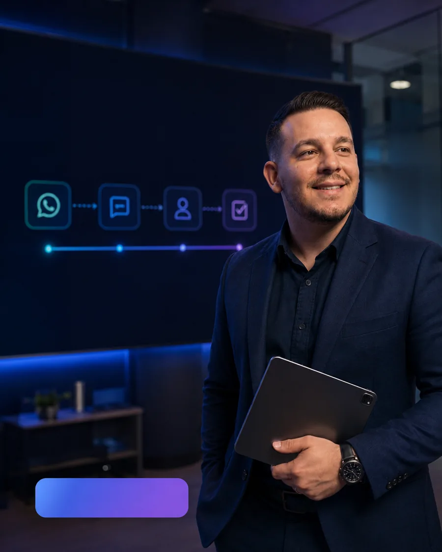Raoni Barbalho diante do fluxo de atendimento da HyperBoosters: WhatsApp, conversa, lead e aprovação