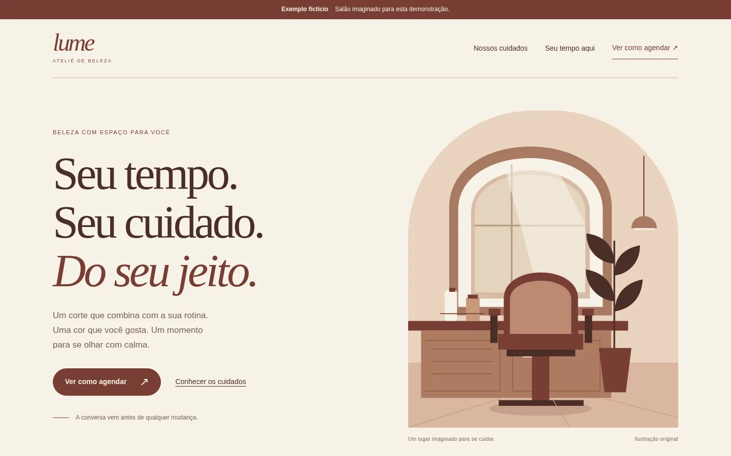 Página do salão fictício com tons de argila, tipografia serifada e ilustração original do ambiente