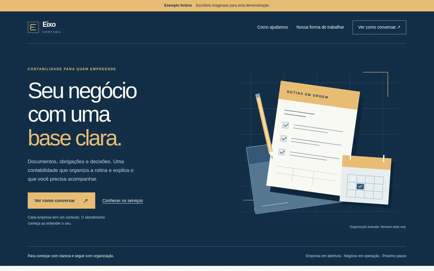Página do escritório contábil fictício com fundo azul, grade e documentos ilustrados