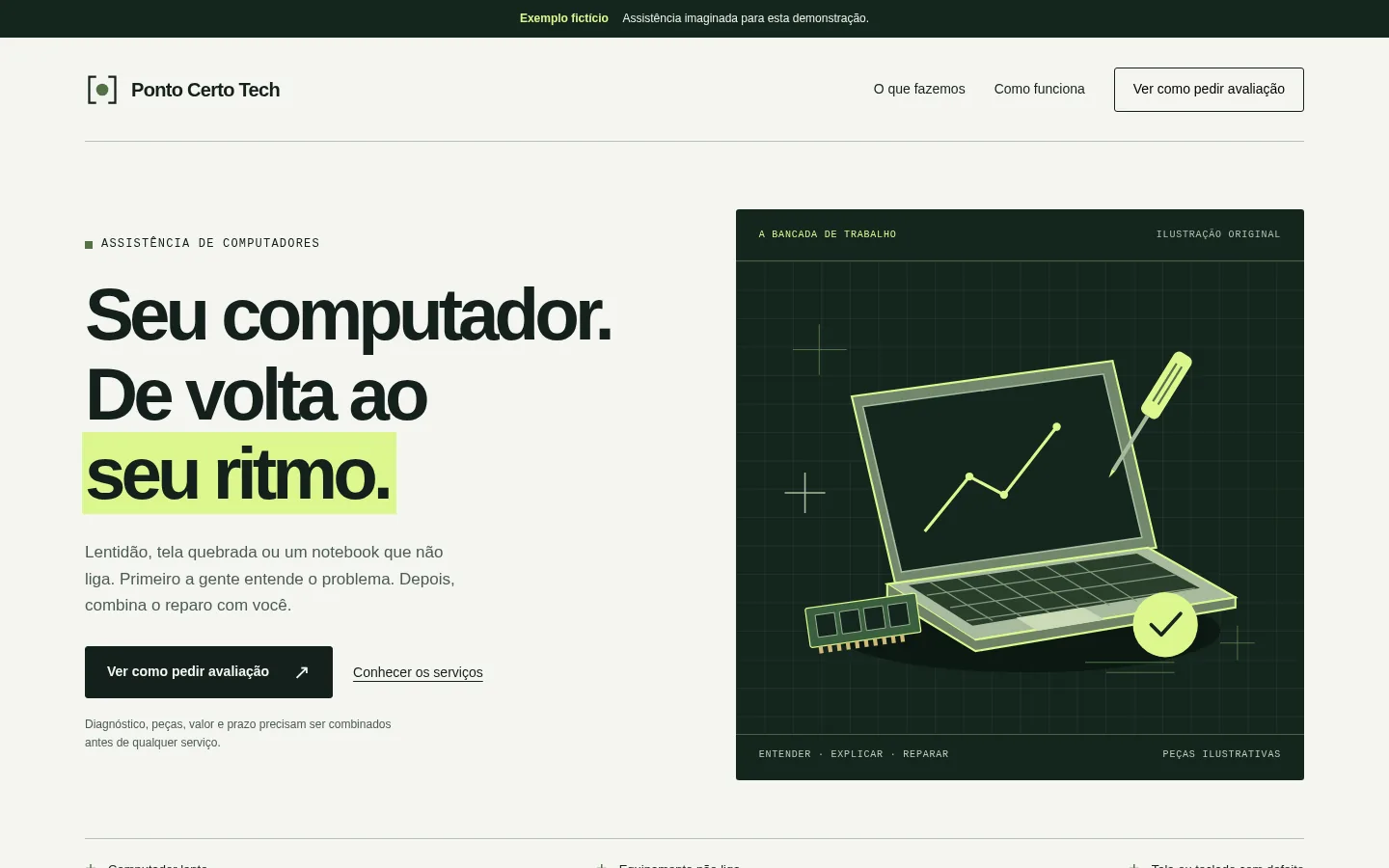 Página de assistência técnica fictícia com ilustração de bancada e notebook em verde