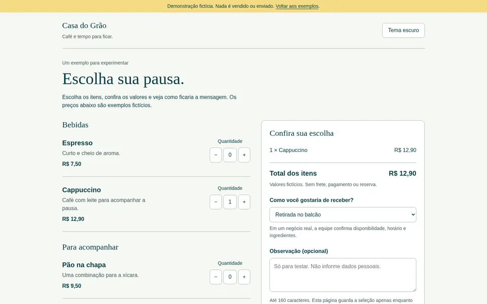 Catálogo fictício da Casa do Grão com itens, quantidades e mensagem para conferir