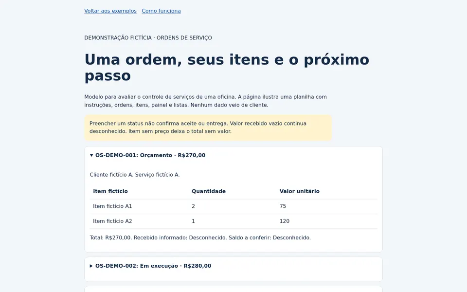 Ilustração de cinco ordens fictícias com status, itens e valores para conferência